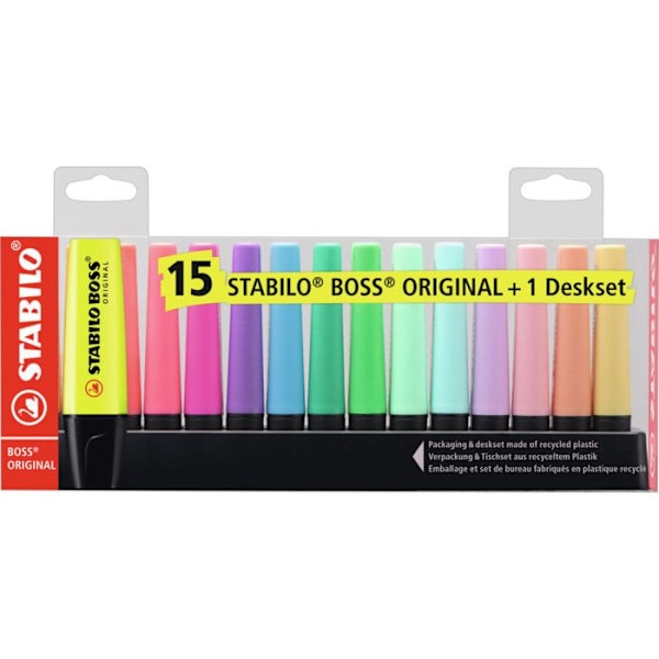 Highlighter - Stabilo - BOSS ORIGINAL - Assorterede farver - Vandbaseret blæk - Pakke med 15 stk.