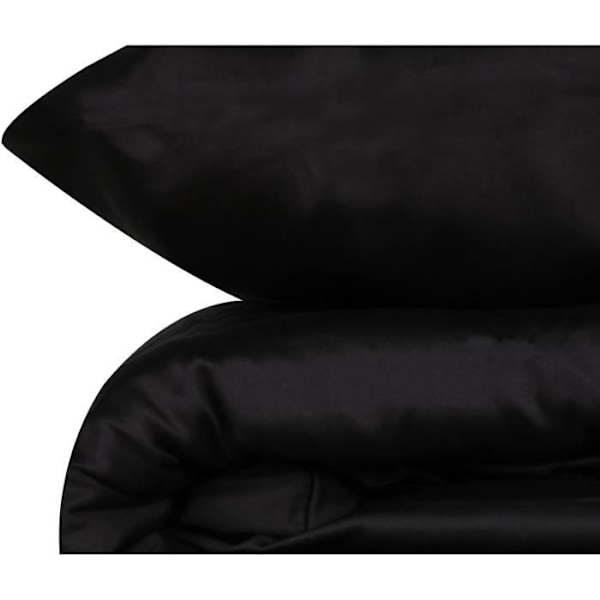 Sæt sengetæppe 240x220cm og 2 pudebetræk Lovina ensfarvet satin af bomuld sort