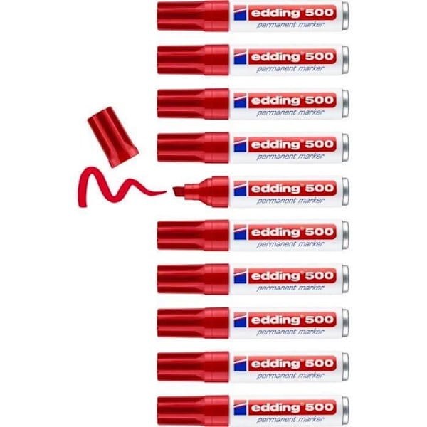 Permanent Marker - edding - 500 - Förpackning med 10 - Röd - Sned spets - Vattenfast Röd