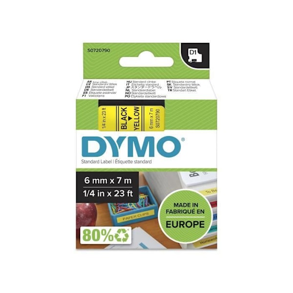 DYMO LabelManager tapekassette D1 6mm x 7m Sort/Gul (kompatibel med LabelManager og LabelWriter Duo)