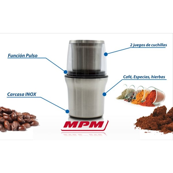 Pieni sähköinen kahvimylly + monikäyttöinen mauste-, siemen- ja pähkinämylly MPM MMK-06M 200W Hopea 11956 Rustfrit stål