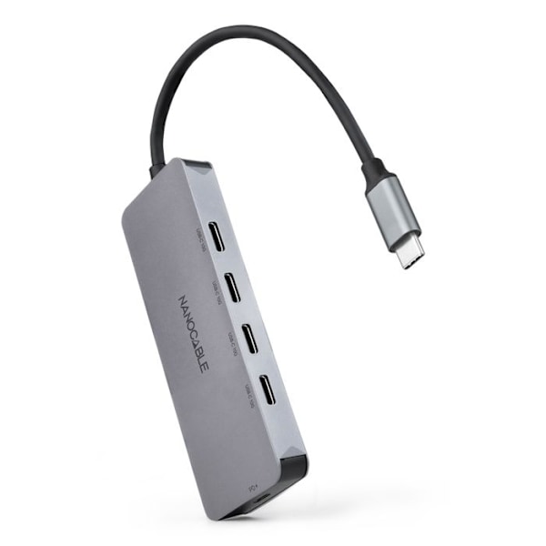 USB-C Hub - NANO CABLE - 4 Porttia USB-C Naisliitin - USB-C PD 100W - Alumiini 10 cm - Harmaa