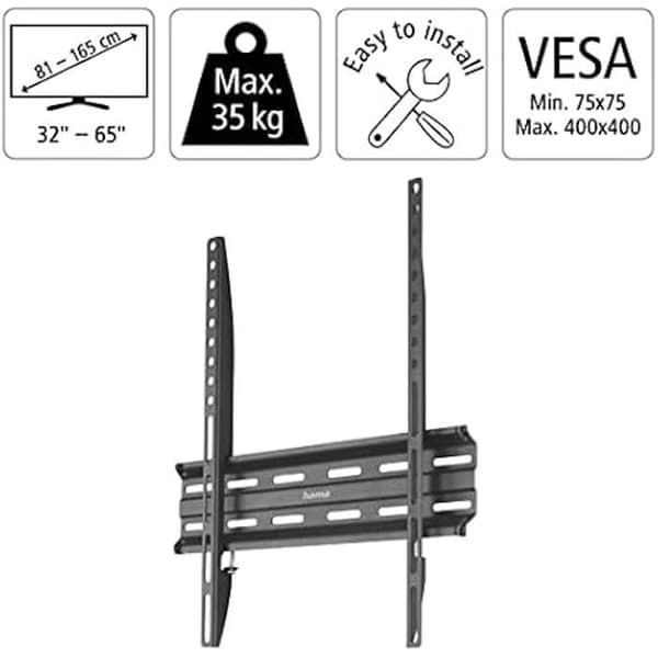 Support Vægmontering - HAMA - 165 cm (65") - Maks. belastning 35 kg - 10 års garanti - Sort