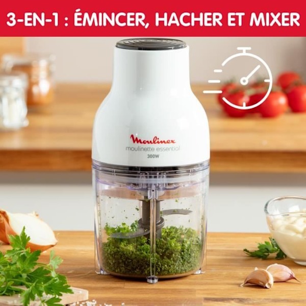 MOULINEX elektrisk hakkemaskine, 3-i-1 funktioner, Skiver, Hakker, Opskæring, 4 klinger, 400 ml, Enkel trykknap, Moulinette Essential DJ520110