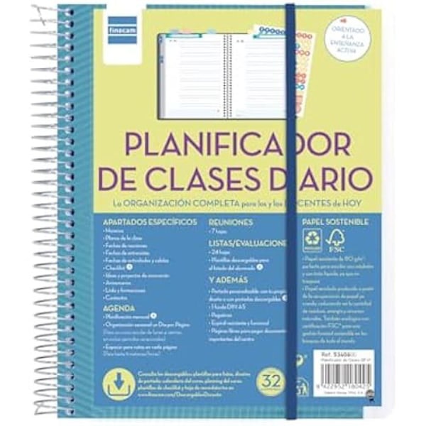 Finocam – espanjan opettajan päivittäinen tuntisuunnitelma, arkin koko 4° (155 x 212 mm)