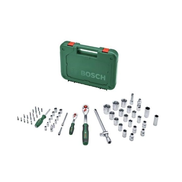 Bosch 57:n ratastasetti 1/4" + 1/2" (eri askareisiin; 55 tarviketta; korkea vääntömomentti; pehmeä kahva; kuljetuslaatikko)