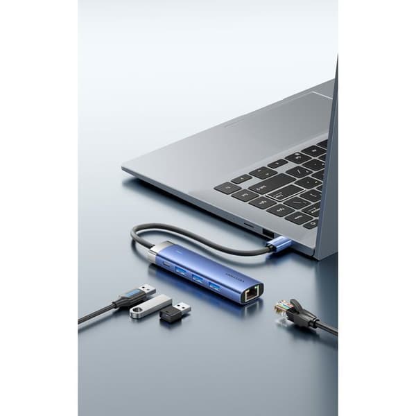 Hjemmebase - VENTION - 5-i-1 - USB 3.0 - RJ45 - 3xUSB-A - Aluminium Blå