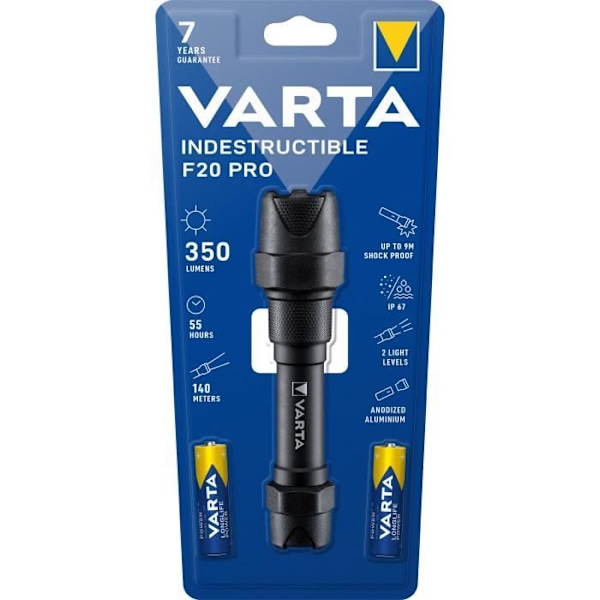 Lommelygte-VARTA-Uopslidelig F20 Pro-350lm-7 års garanti-Stødsikker (9m) over for vand og støv-IP67-2 AA-batterier inkluderet Sort
