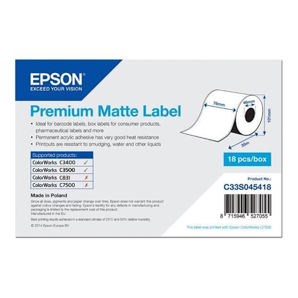 Paperi Epson TM-C3400 tulostimeen - Premium Matte jatkuva liimarulla 76mm x 35mm