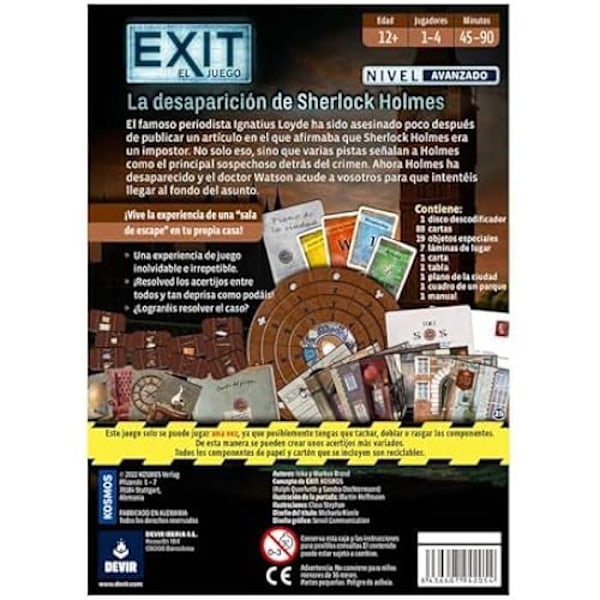Devir Exit: La desaparición de Sherlock Holmes, juego de mesa en español, juego de mesa con amigos, Escape Room, juegos de misterio. Flerfärgad