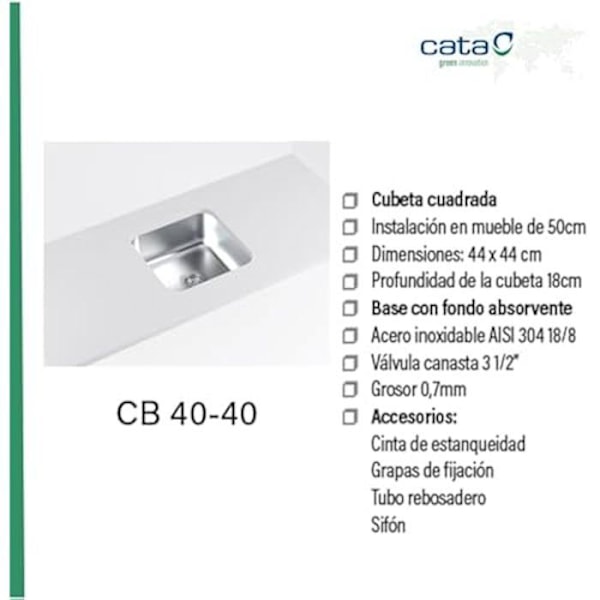 Vask - CATA - CB 40-40 - 44x44 cm - Rustfrit Stål - Firkantet Beholder - Dybde 18 cm Rostfritt stål