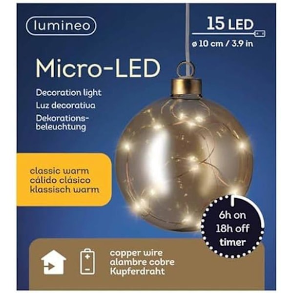 Glasvedhæng - KAEMINGK - Batterikugle 10 cm - 15 varme hvide microleds - Rav - Jul Bärnsten