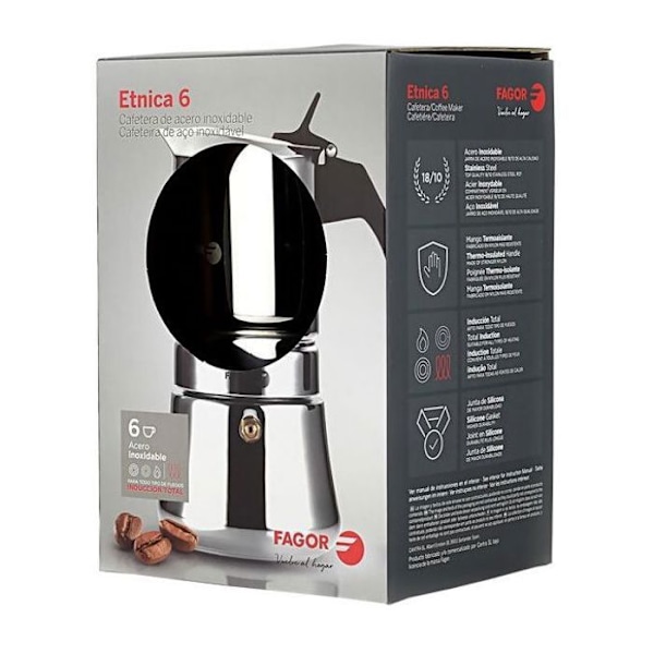 Italialainen induktio espresso-kahvinkeitin, ruostumaton teräs 10 kuppia kahvia FAGOR Etnica Silver 00390