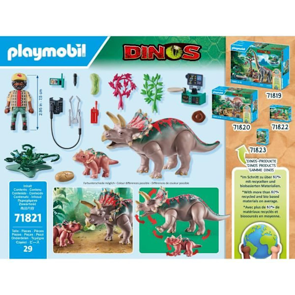 PLAYMOBIL 71821 Triceratops vauvan ja tutkimusmatkailijan kanssa, Dinos, 29 osaa, Aikuisille 4 vuotta ja yli Flerfärgad