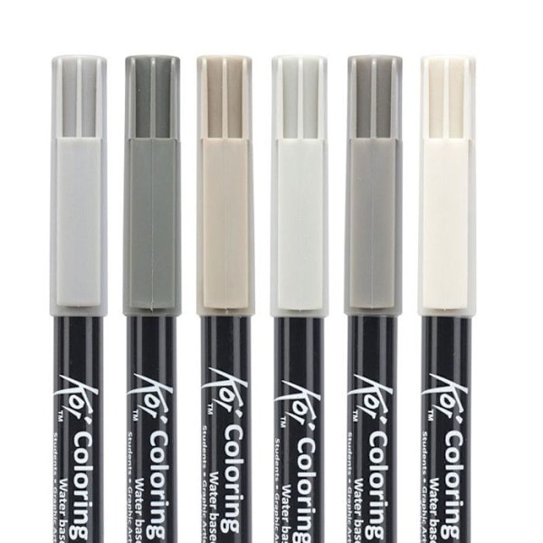 Penselpen - SAKURA - Koi Coloring Brush - Etui med 6 - Grå farver - Fleksibel nylon