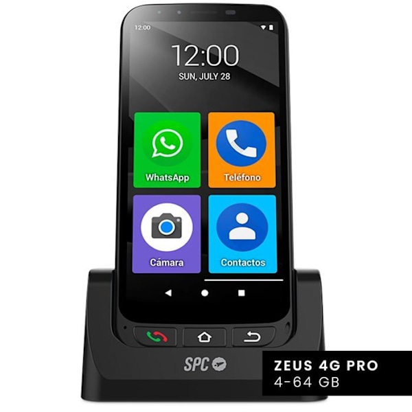 SPC ZEUS 4G PRO + etui – Senior Smartphone 4/64GB, nem tilstand med store ikoner, SOS-knap, Smart Hjælp, Android, opladningsbase