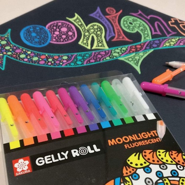 Sæt med 12 gelblyanter - SAKURA - Gelly Roll Moonlight - Fluorescerende - Glitrende - Fin spids Fluorescerende, Glitter