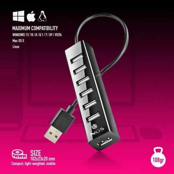 USB 2.0 - NGS - IHUB7 TINY - 7 Porttia - Virtalähde 5V-1A - Plug and Play