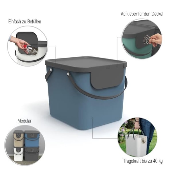 Rotho Albula Affaldssorteringssystem 40l til køkkenet, Plast (PP) uden BPA, blå/anthracit, 40l (39,8 x 35,8 x 33, Blå