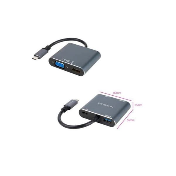 Muutin - Nanocable - USB-C HDMI/VGA/USB3.0 - 15 cm - Harmaa - Monisatelliitti-adapteri