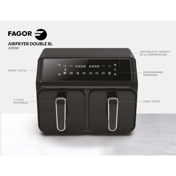 Fritøse uden olie FAGOR - Airfryer FG2X4L - Kapacitet 8L - Dobbelt kar 4L - 8 tilberedningsprogrammer - 2200W Svart