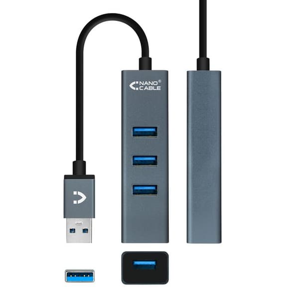 USB Hub 4 Porttia - NANOCABLE - 10.16.4402 - USB 3.0 - Harmaa - Helppo asennus