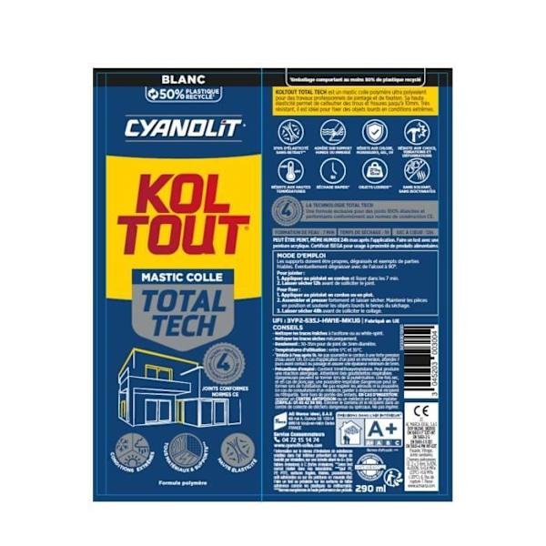 Fastgørelses- og tætningsemballage - CYANOLIT - Total tech - Hvid - Patron 290 ml - Multi-materialer - Tæt og fleksibel
