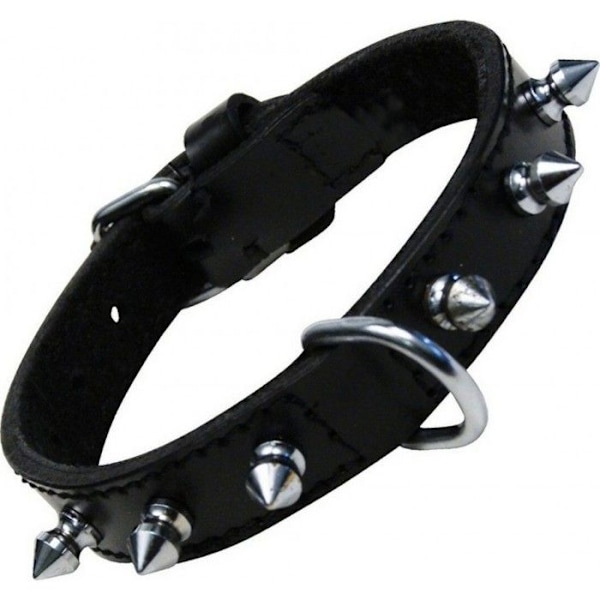 Krage - GLORIA - Skin Row of Spikes - Svart läder - Justerbart spänne - D-Ring Svart