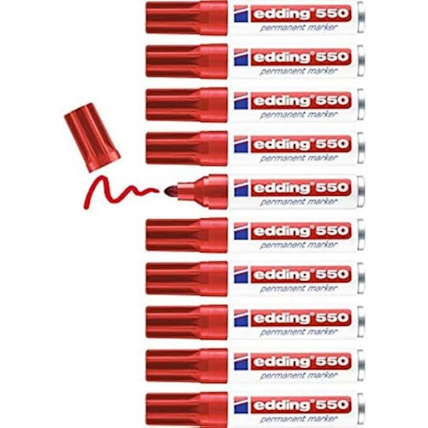 edding 550 Pysyvä tussi - punainen - 10 kynää - pyöreä kärki 3-4 mm - kuivuu nopeasti, kestää vettä ja kitkaa - Röd