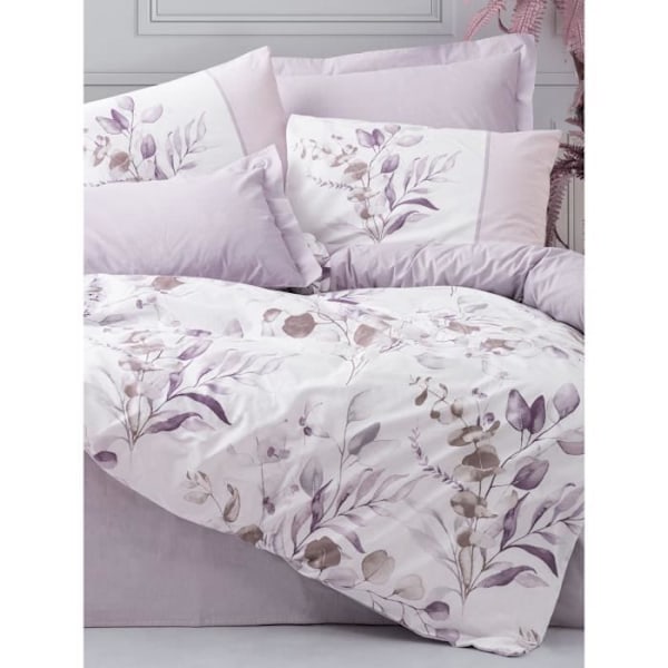 Sängkläder - 1 påslakan 220 x 240 cm + 2 örngott 60 x 60 cm - 100% förstärkt bomull - Lilas Lila och vit