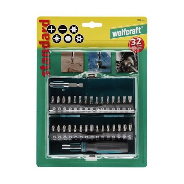 "Solid" bitboks, 30 bits + 1 skruetrækker + 1 adapter, metalboks - wolfcraft 1388000 Grå och svart