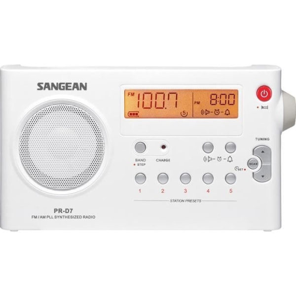 Sangean PR-D7 bærbar radio - Hvid - Digital AM/FM tuner - 10 programmerbare stationer - Automatisk søgning