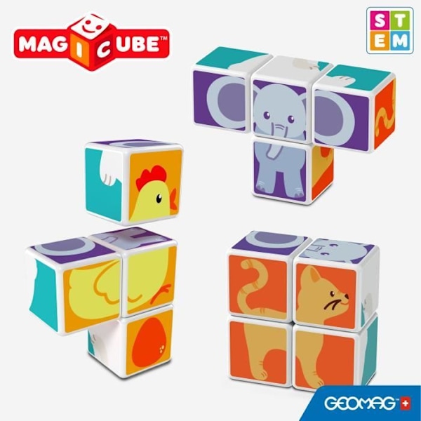 Magneettiblokit - GEOMAG - Magicube 132 - 7 osaa - Painetut eläimet - Mukana kortit