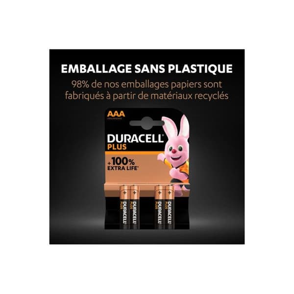 4 alkaliske batterier Plus 100 % LR03/AAA (1,5V) DURACELL