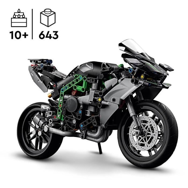 LEGO Technic 42170 Kawasaki Ninja H2R motorcykel, presentidé för barn, kreativ leksak Grå och grön