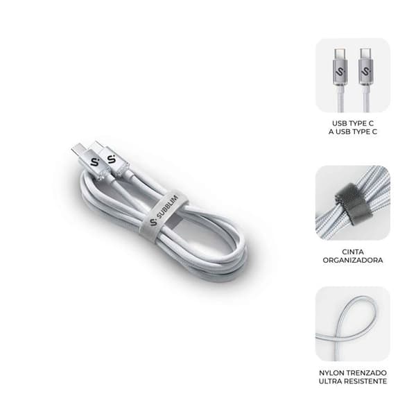 USB-C til USB-C kabel - SUBBLIM - 2 m - 60 W - Vævet nylon - Hvid - Kompatibel med iPhone/Samsung/MacBook