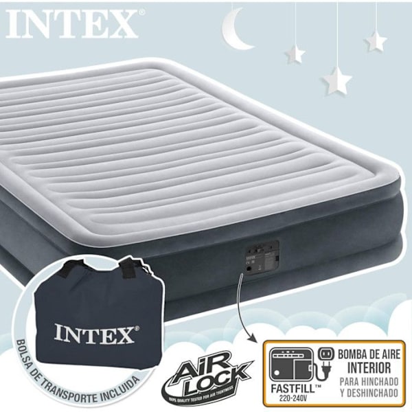 INTEX 1 og en halv Comfort-Plush Mid-Rise madras - Oppustelig seng - Integreret elektrisk pumpe - til indendørs brug - 137x191x33 cm grå