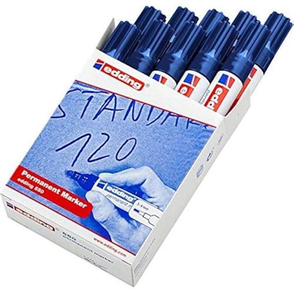 edding 550 Pysyvä tussi - sininen - 10 kynää - pyöreä kärki 3-4 mm - kuivuu nopeasti, kestää vettä ja kitkaa - Blå