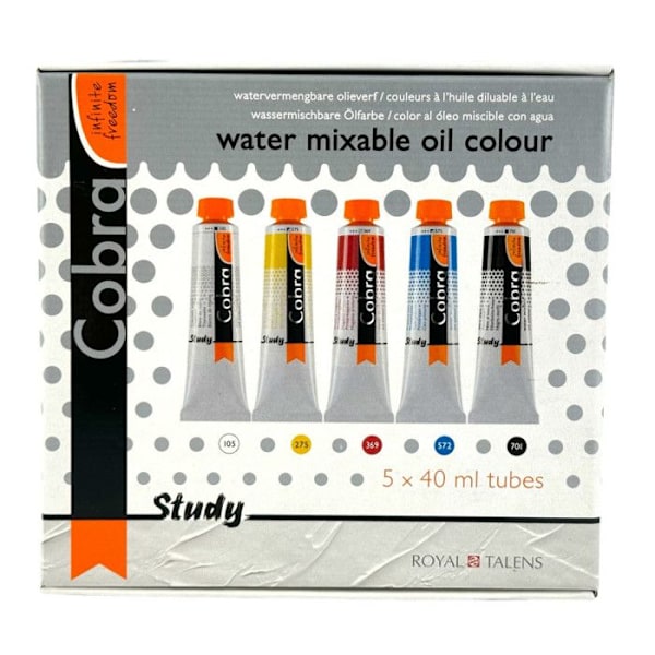 Box med 5 oljefärgstuber 40ml Cobra Study Titan vit, primär gul, primär magen