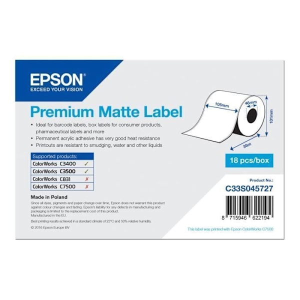 Permanent självhäftande matt papper - Epson - A6 - Vit glansig - 10,5 cm x 35 m - 1 rulle Strålande vit