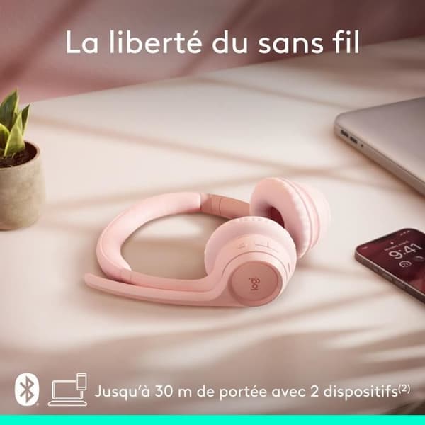 Headset - Trådløs - Logitech - Zone 300 - Bluetooth - Støjreducerende - Lyserød