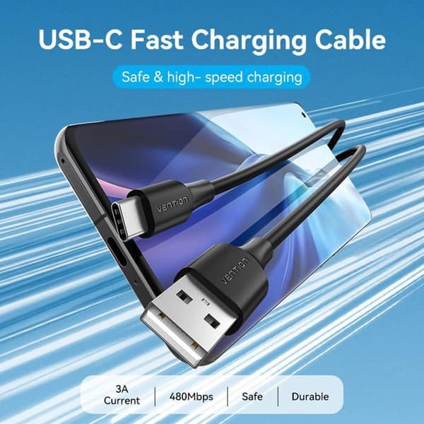 USB 2.0 - USB-C - Vention - 2m - Musta - Pyöreä - Yksikkö