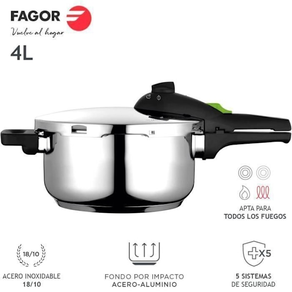 4 liters trykkoger, induktion, 18/10 rustfrit stål, 2 trykniveauer FAGOR Rapid Xpress 4 Silver 800055