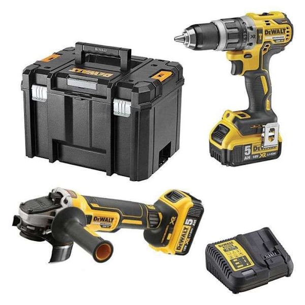 Pakke med 2 18V XR værktøjer (DCD796 + DCG405) + 2 5Ah batterier + oplader + T-STAK boks - DEWALT