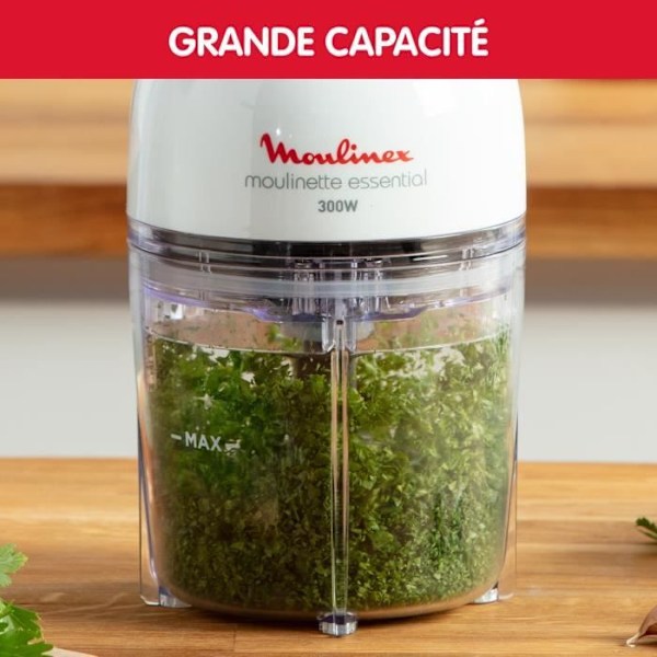 MOULINEX elektrisk hakkemaskine, 3-i-1 funktioner, Skiver, Hakker, Opskæring, 4 klinger, 400 ml, Enkel trykknap, Moulinette Essential DJ520110
