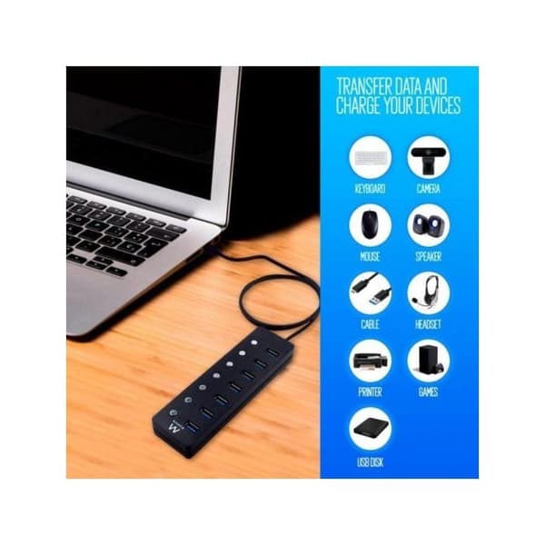 Ewent EW1147 USB-hub - 7 porte - uafhængige switche - strømadapter - Sort