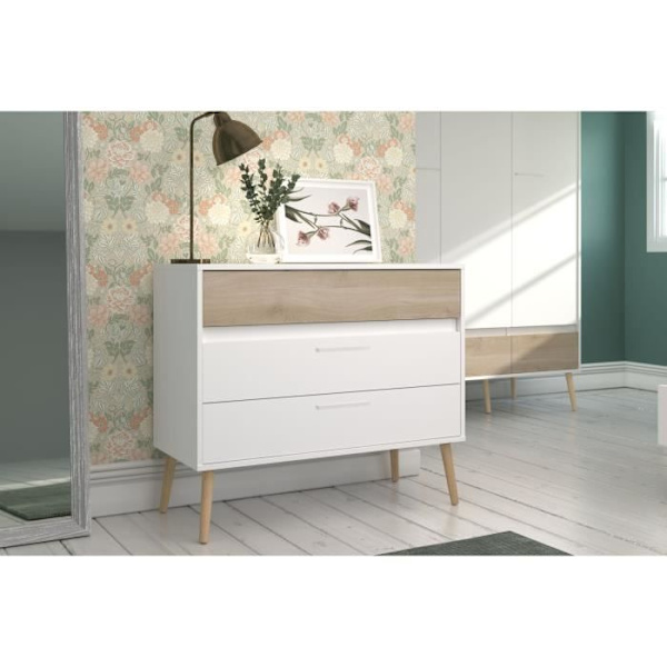 Kommode - AALBORG - 3 skuffer - Hvid - Skandinavisk stil - 90,8 x 40 x 77,5 - PARISOT vit och ek