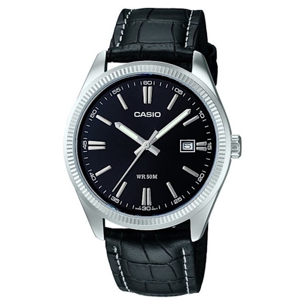 CASIO MTP-1302PL-1AVEF Kvartsur til mænd - Krokodilleeffekt læder - Analog - Vandtæt 5 ATM - Sølv Svart