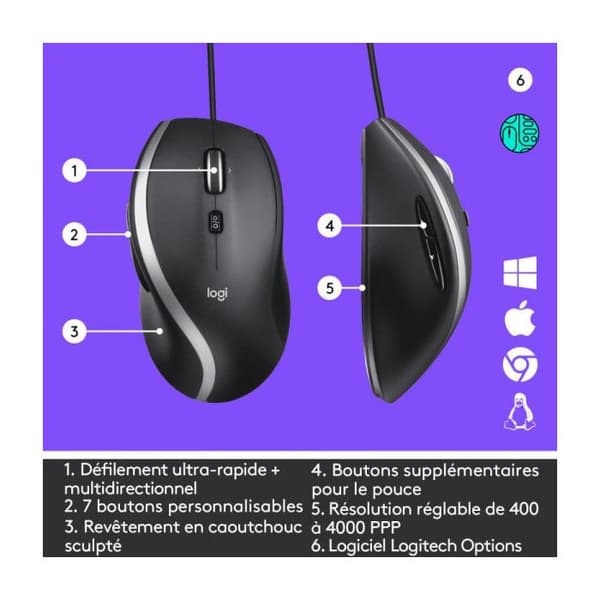 Kabelmus - Logitech - M500s - Ultra-hurtig rulning - 7 tilpasselige knapper - Grå