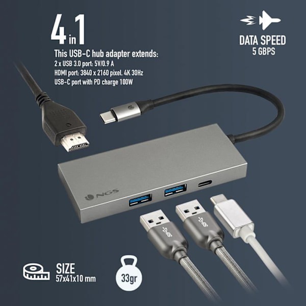USB-C 3.0 til HDMI-adapter, 2 USB-A og USB-C NGS Wonder Dock4 Pro